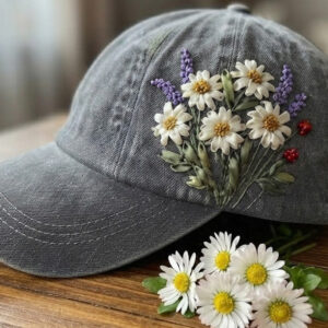 Custom Embroidered Ribbons Baseball Caps by Paba Store , Baseball Cap with Hand Embroidered Ribbon Daisies