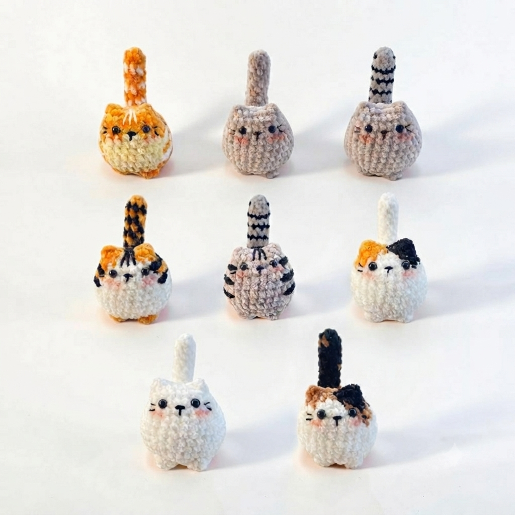Crochet black and white Cat Keychain - Handmade Amigurumi