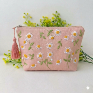 Floral Coin Purse with Hand-Stitched Daisy Embroidery