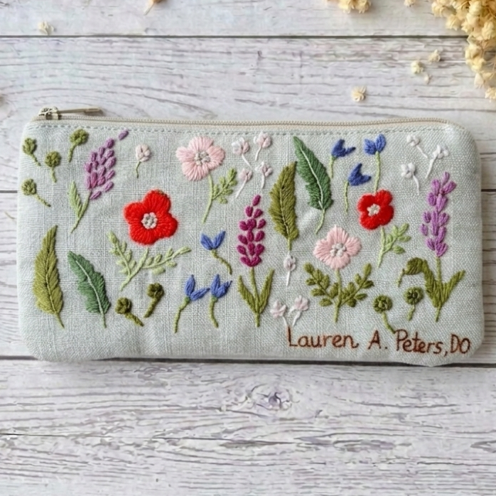 Hand Embroidered Pencil Case with Floral Motif - Custom Name