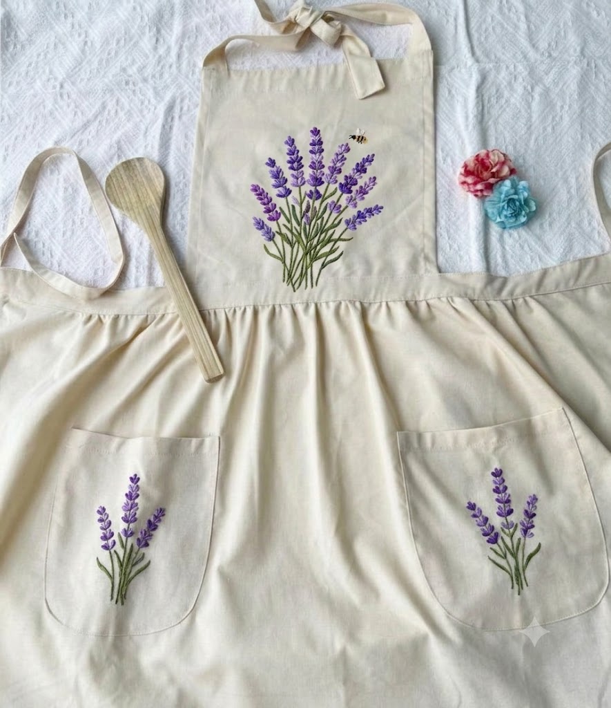 Lavender Embroidered Apron with pockets