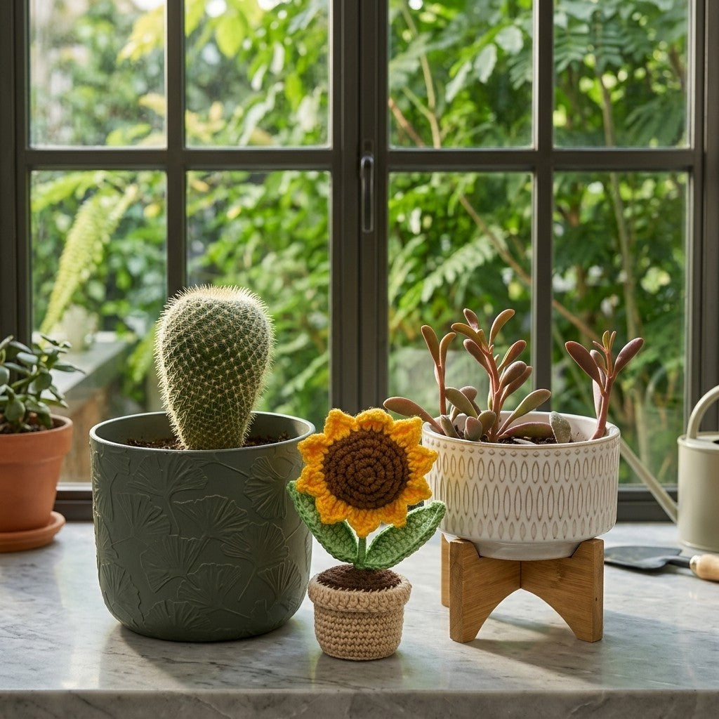 Crochet Iris Potted Plant | Handmade Ruffled Flower Pot Decor Gift