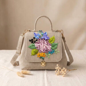 Doctor Bag Purse | Hand Embroidered Hydrangea Wildflower Beige Canvas Handbag
