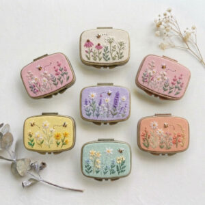 Hand Embroidered Compact Mirror – Bee & Wildflower Meadow | Personalized Pocket Mirror Gift