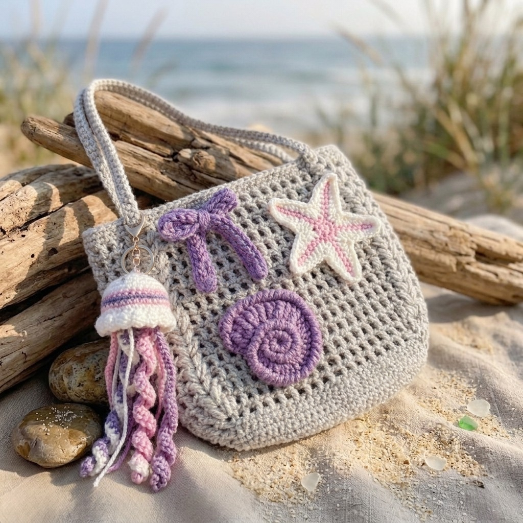 Crochet Jellyfish Bag Gray – Handmade Woven Beach Shoulder Bag with Stuffed Jellyfish & Starfish Charms