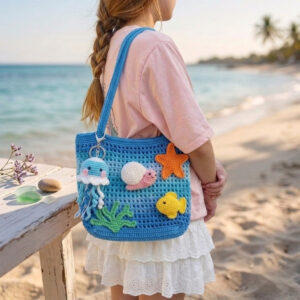 Crochet Jellyfish Bag Blue – Handmade Woven Beach Shoulder Bag with Stuffed Jellyfish & Starfish Charms