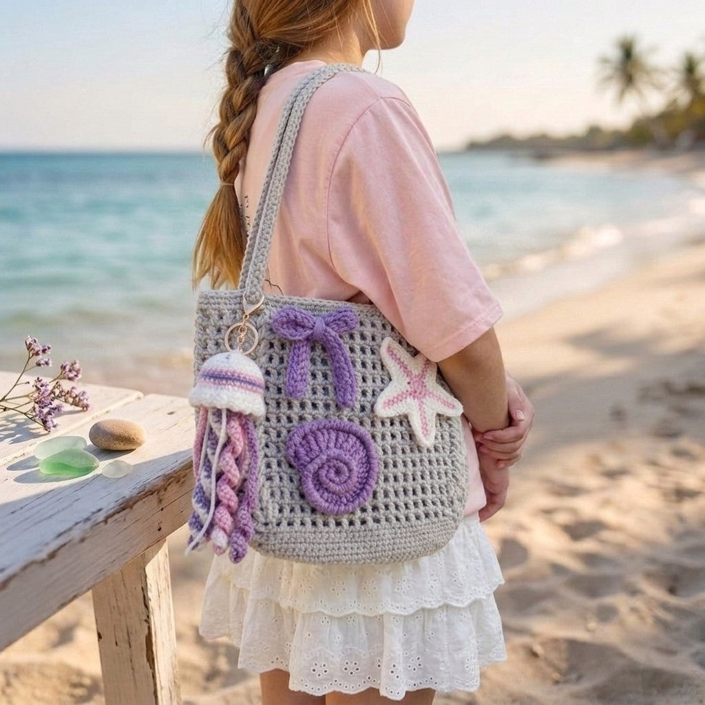 Crochet Jellyfish Bag Gray – Handmade Woven Beach Shoulder Bag with Stuffed Jellyfish & Starfish Charms