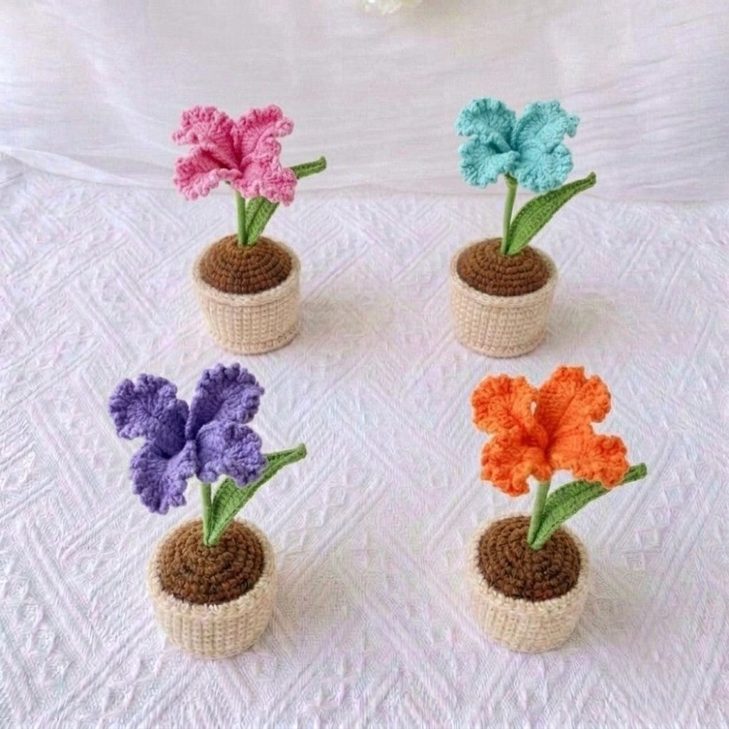 Crochet Iris Potted Plant | Handmade Ruffled Flower Pot Decor Gift