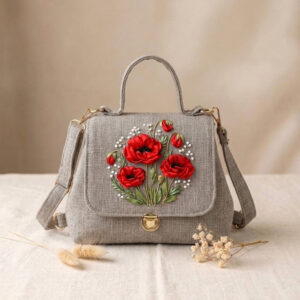 Doctor Bag Purse | Hand Embroidered Red Poppy Canvas Handbag
