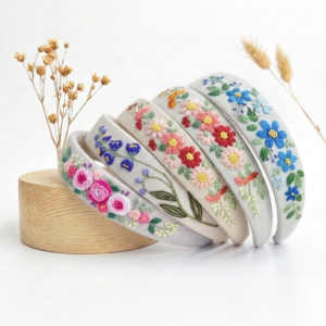 Hand Embroidered Linen Headband – Natural Cream Floral Collection | Handmade Gift for Women