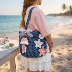 Crochet Jellyfish Bag Navy – Handmade Woven Beach Shoulder Bag with Jellyfish & Daisy Charms