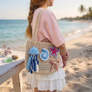 Crochet Jellyfish Bag Beige – Handmade Woven Beach Shoulder Bag with Stuffed Jellyfish & Starfish Charms