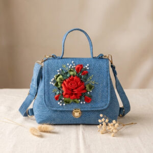 Doctor Bag Purse | Hand Embroidered Red Rose Denim Handbag