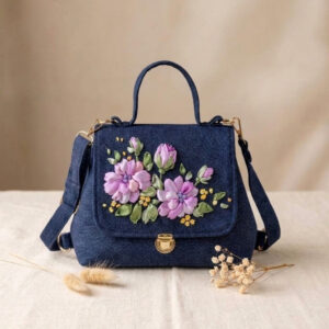 Doctor Bag Purse | Hand Embroidered Pink Magnolia Navy Denim Handbag
