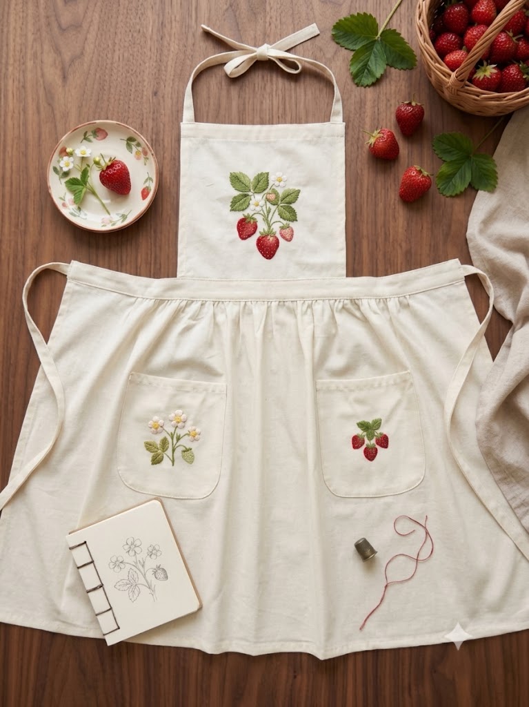 Strawberries and Wildflowers Apron with pockets